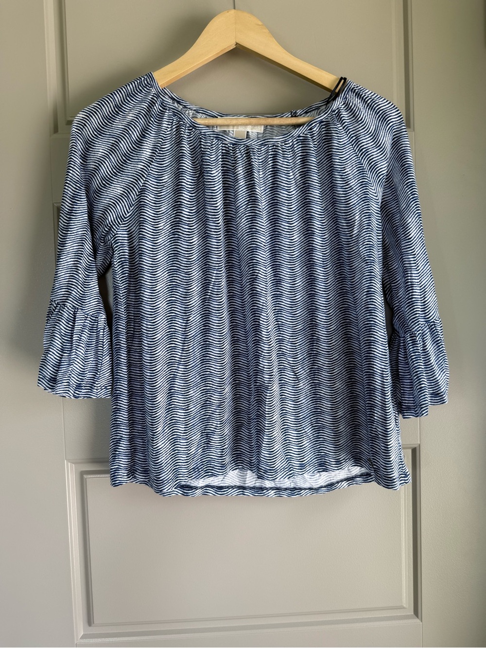 Michael Kors mk blue white abstract bell sleeve cotton blend top blouse